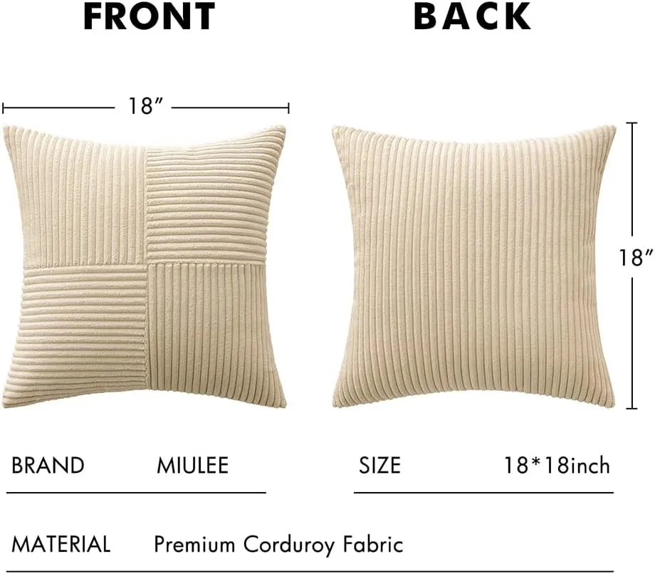 MIULEE Cream Corduroy Pillow Covers Pack of 2 Boho Decorative Spliced Throw Pillow Covers Soft Solid Couch Pillowcases Cross Patchwork Textured Cushion Covers for Living Room Bed Sofa 18x18 inch