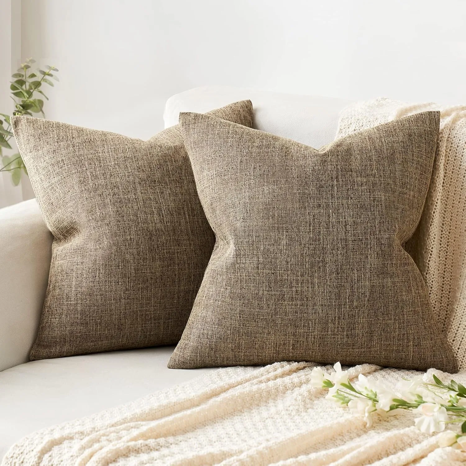 MIULEE Pack of 2 Decorative Linen Burlap Pillow Covers Farmhouse Boho Accent Pillowcases for Sofa Car Couch Bedroom Living Room Decor 20x20 Inch Brown