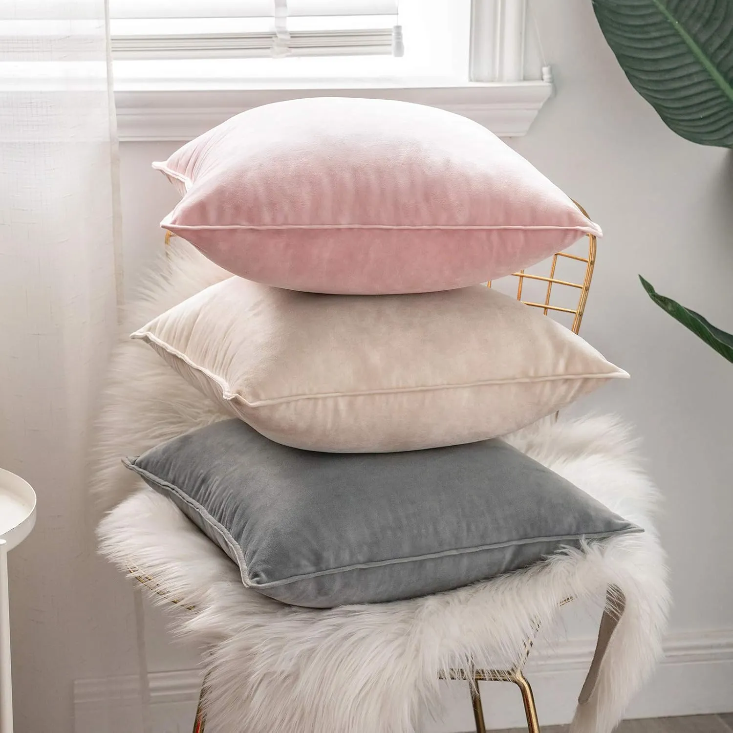 MIULEE Pack of 2 Decorative Velvet Throw Pillow Cover Soft Pillowcase Solid Square Cushion Case for Sofa Bedroom Car 16x16 Inch Cream White