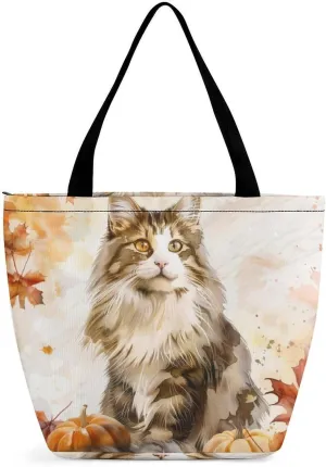 MoBlinko Cat Fall Women Tote Bags Yoga Reusable Grocery Bagsshoulder Bag Handbag with Zipper