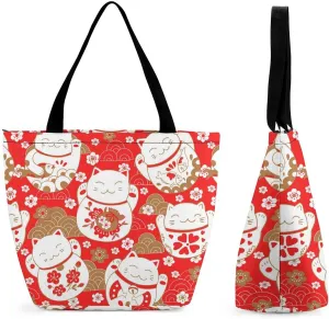 MoBlinko Japanese Fortune Cats Tote Bag for Women Reusable Handbags Shoulder Bags with Zipper for Yoga Grocery Shopping Gifts