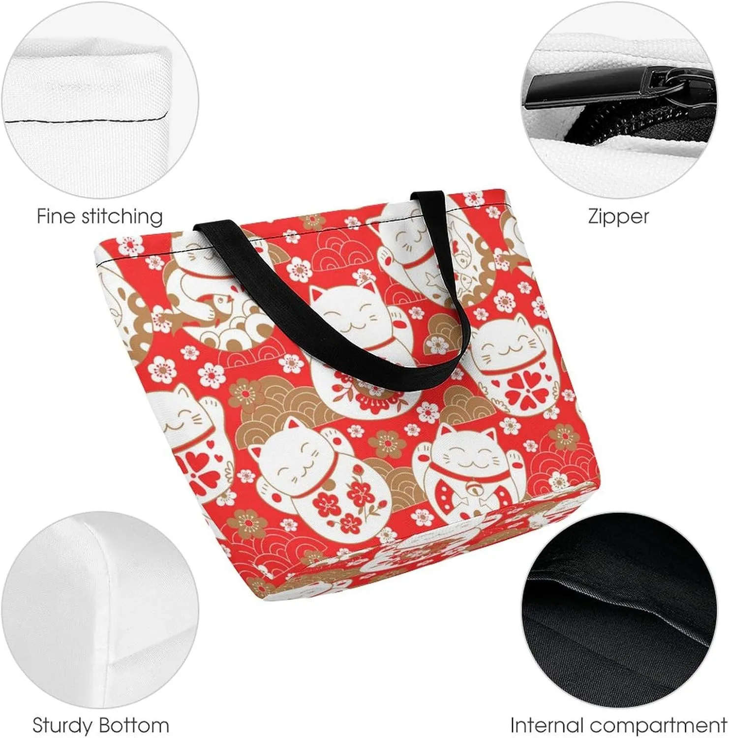 MoBlinko Japanese Fortune Cats Tote Bag for Women Reusable Handbags Shoulder Bags with Zipper for Yoga Grocery Shopping Gifts