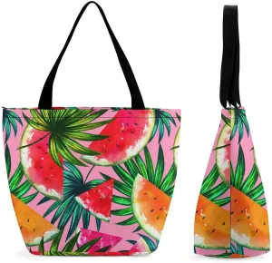 MoBlinko Pink Juicy Watermelon Womens Tote Bags Reusable Yoga Shoulder Bag Handbag with Zipper for Grocery Shopping Gifts