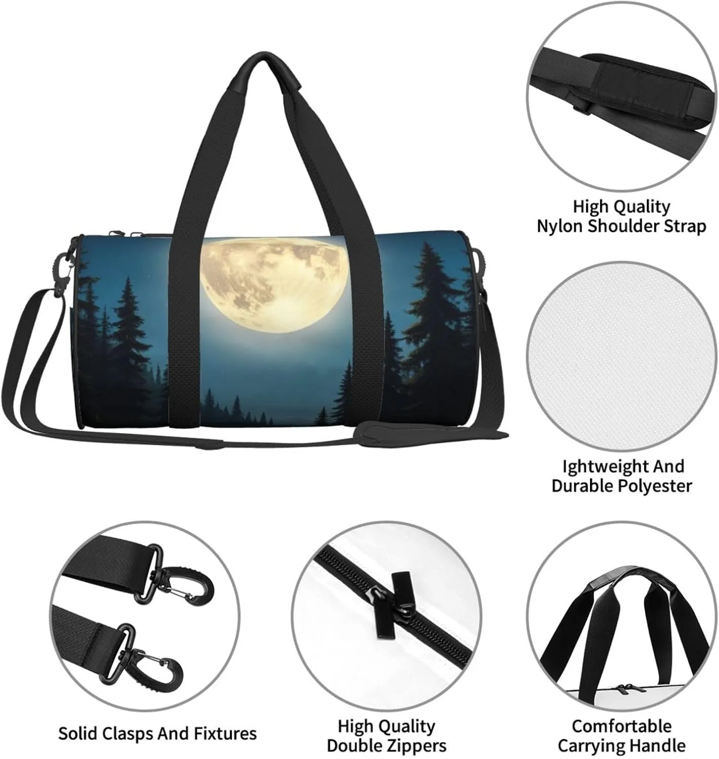 Moonlit Canoe River Printed Travel Bag,Round Personal Item Storage bag,Foldie Duffel Bag for Traveling Vacation,Fitness,Sports