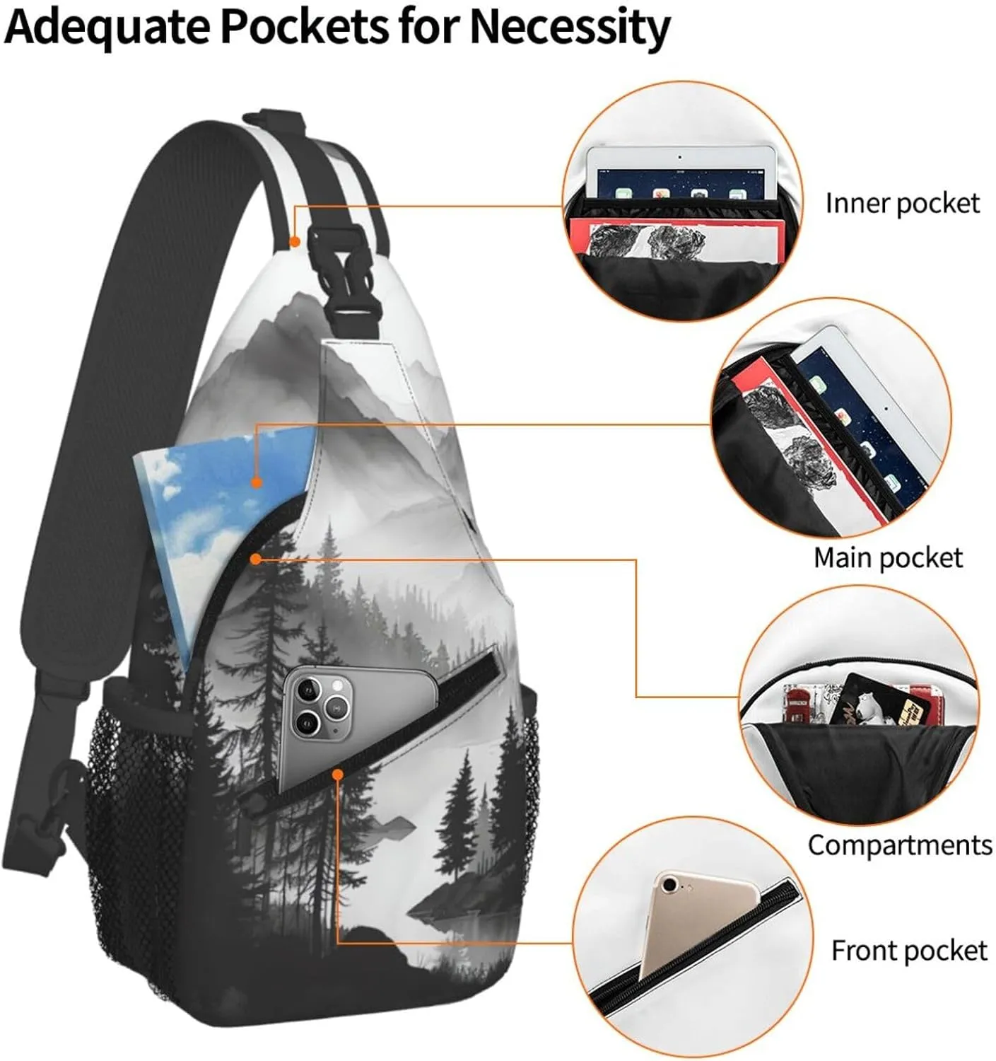 Mountain Lake Tree Landscape Crossbody Sling Bag For Women Men Fashion Chest Bag Shoulder Bag Sling Backpack Travel Hiking Casual Sport Daypack