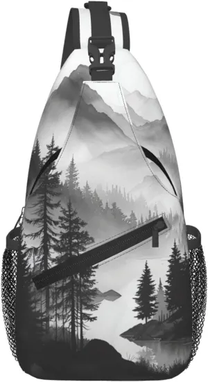 Mountain Lake Tree Landscape Crossbody Sling Bag For Women Men Fashion Chest Bag Shoulder Bag Sling Backpack Travel Hiking Casual Sport Daypack