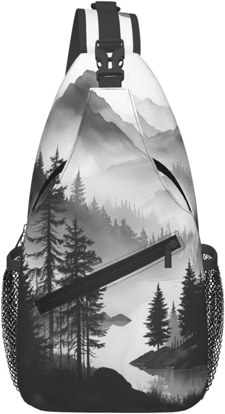 Mountain Lake Tree Landscape Crossbody Sling Bag For Women Men Fashion Chest Bag Shoulder Bag Sling Backpack Travel Hiking Casual Sport Daypack