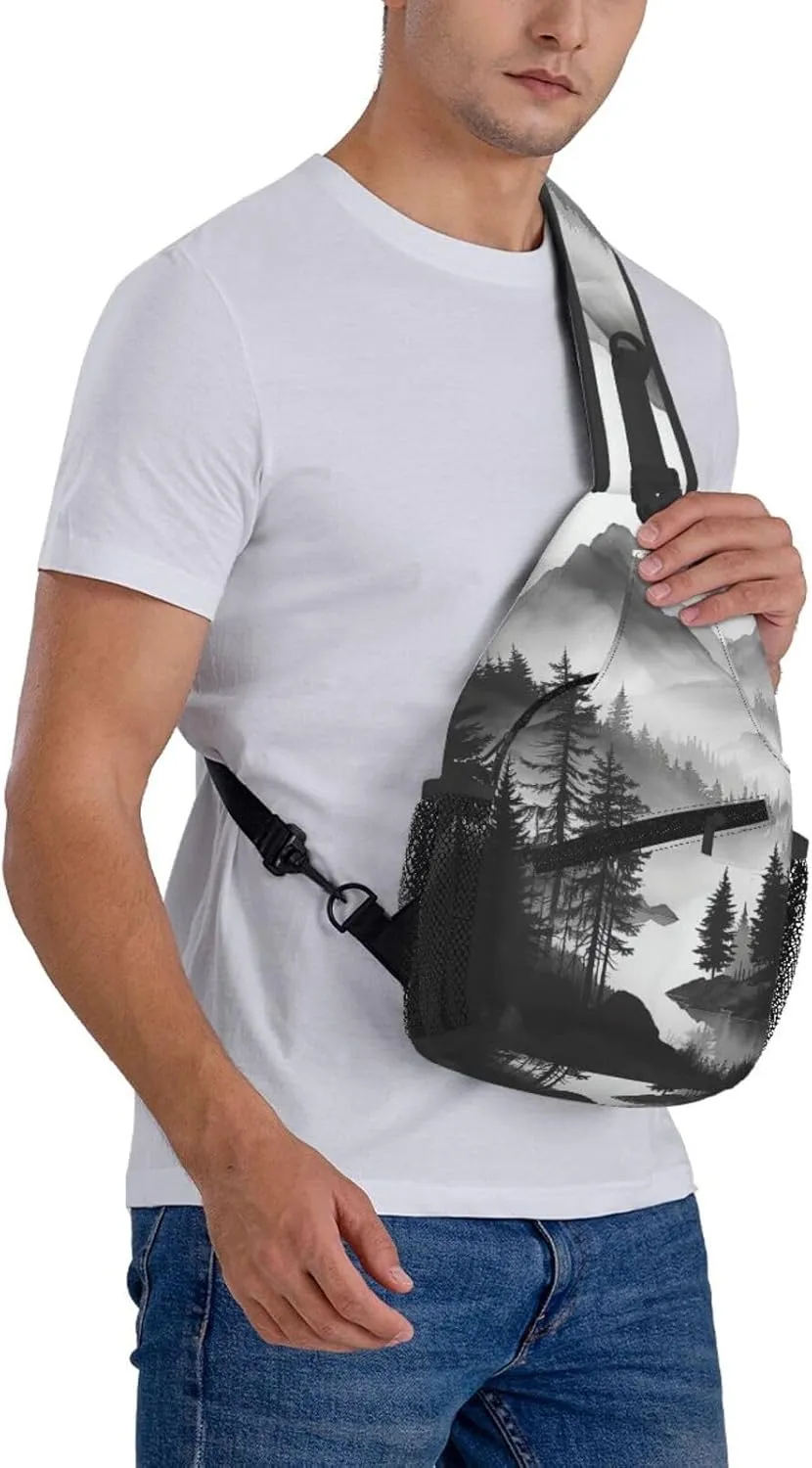 Mountain Lake Tree Landscape Crossbody Sling Bag For Women Men Fashion Chest Bag Shoulder Bag Sling Backpack Travel Hiking Casual Sport Daypack