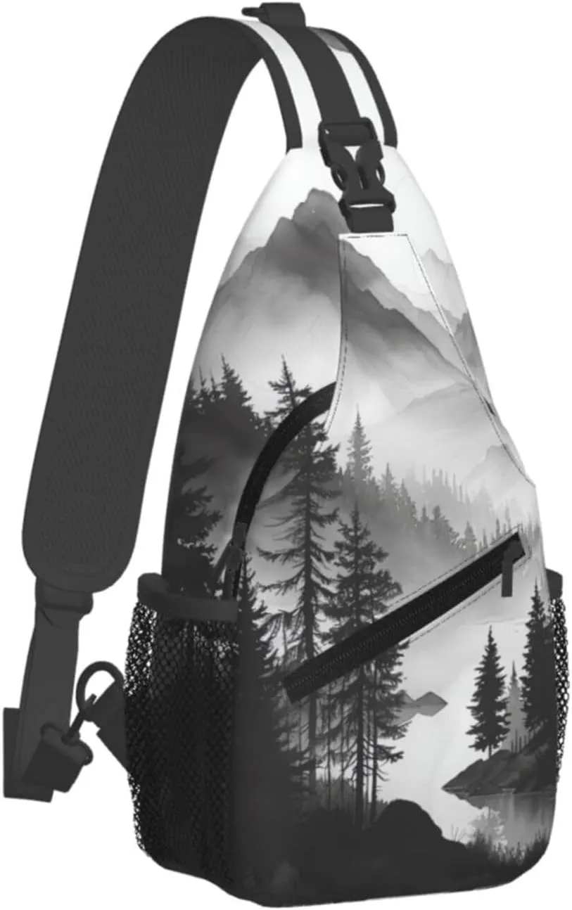 Mountain Lake Tree Landscape Crossbody Sling Bag For Women Men Fashion Chest Bag Shoulder Bag Sling Backpack Travel Hiking Casual Sport Daypack
