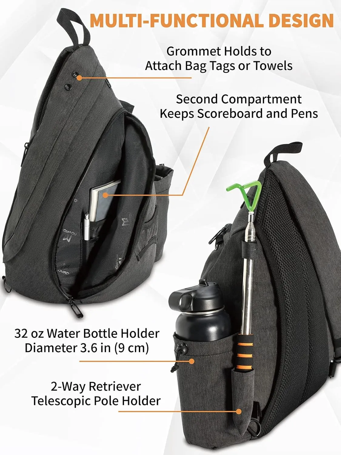 MOYAQI Disc Golf Bag with Retriever Holder and Storage Pockets, Disc Golf Backpack with 8-10 Disc Capacity, Padded Adjustable Strap and Back Panel, Lightweight and Durable