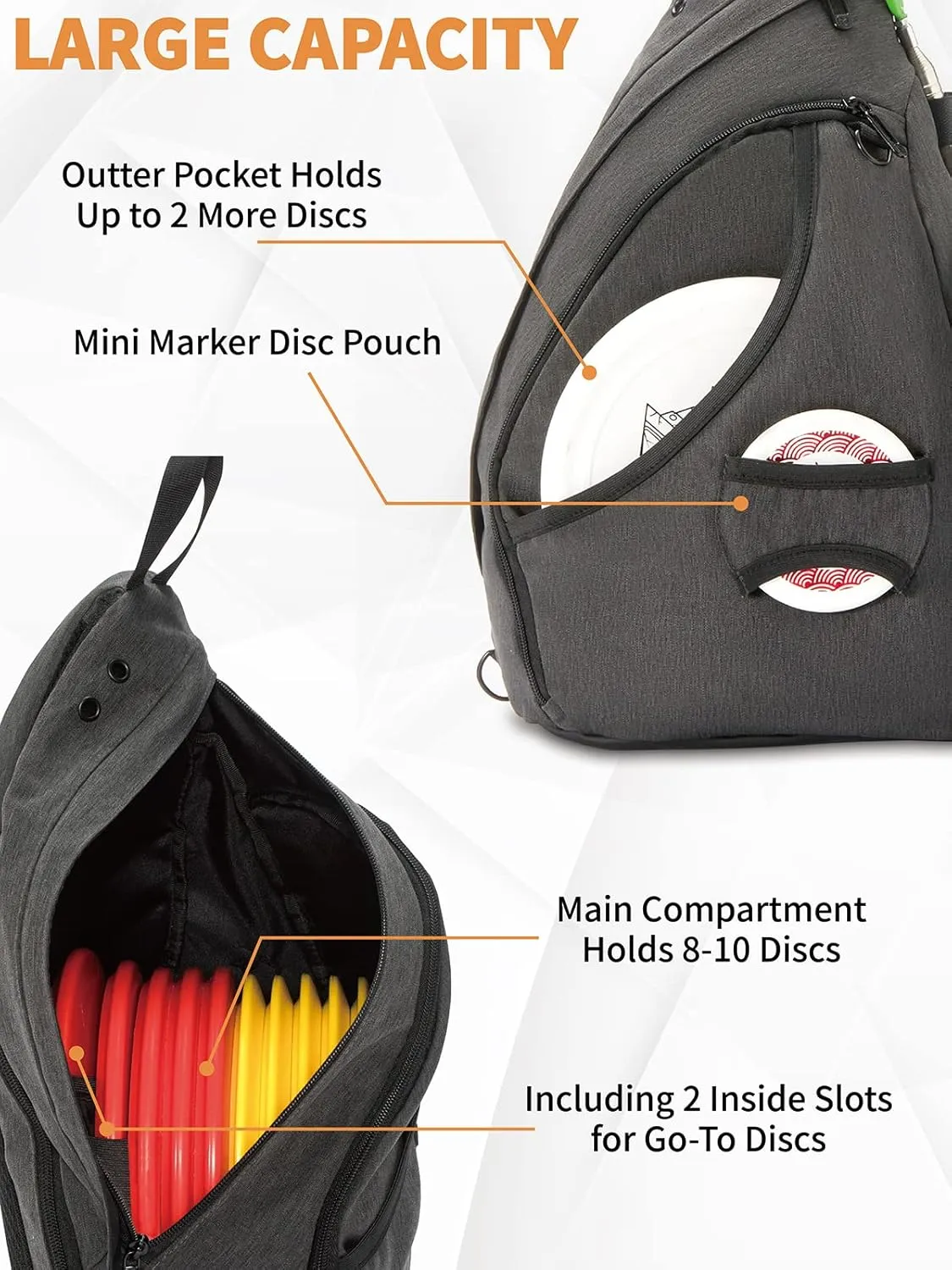 MOYAQI Disc Golf Bag with Retriever Holder and Storage Pockets, Disc Golf Backpack with 8-10 Disc Capacity, Padded Adjustable Strap and Back Panel, Lightweight and Durable