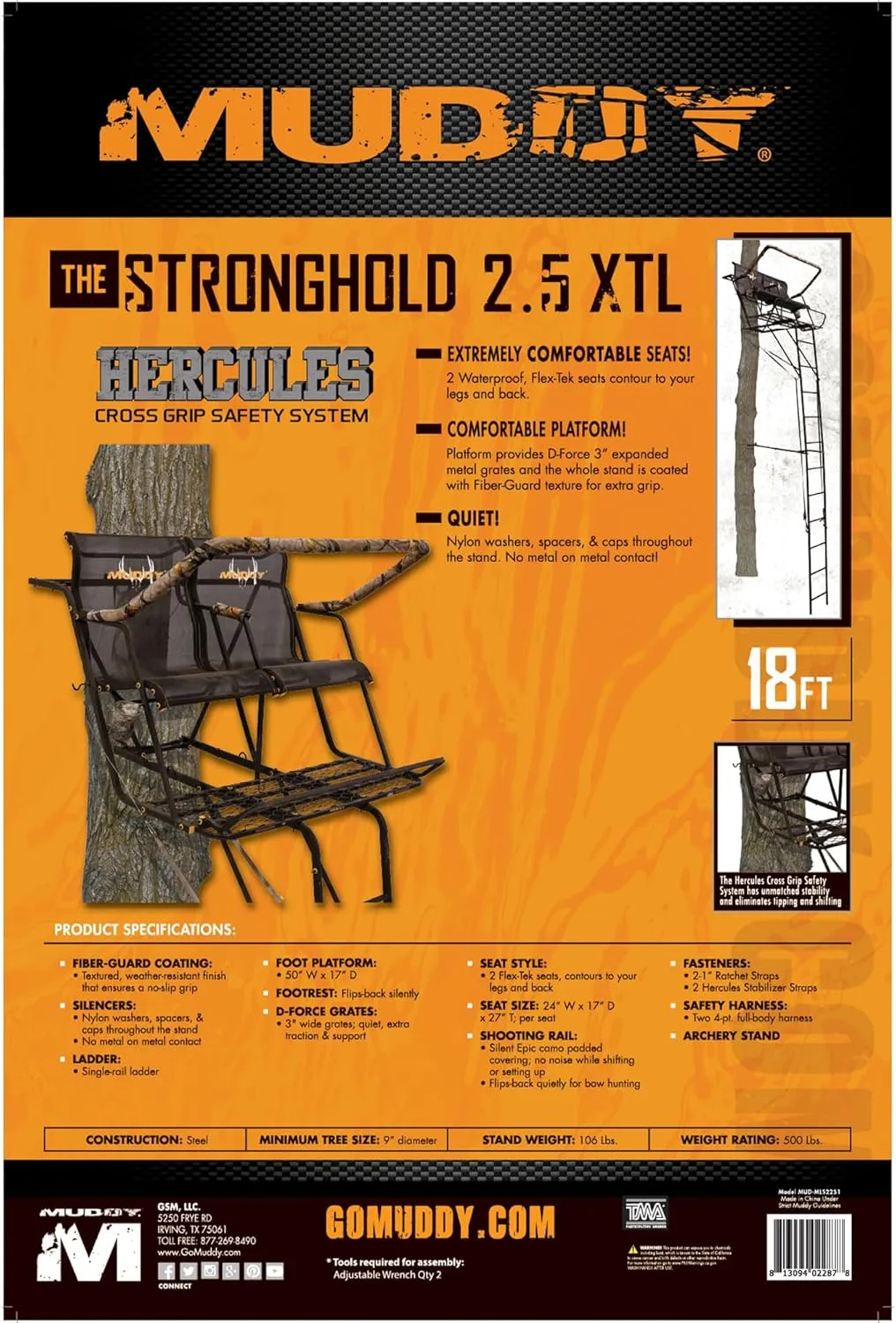 Muddy 2 Person Outdoor Hunting Climbing Ladder, Tree Stand with Flex-Tek Seat, 500 Pound Maximum Capacity