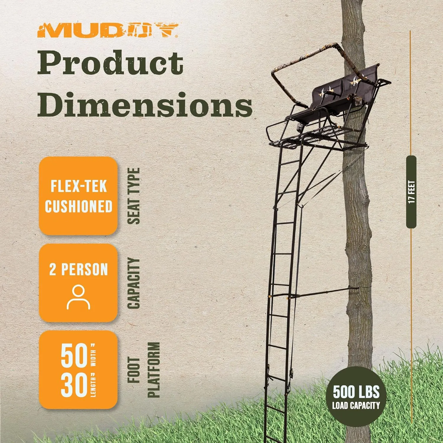 Muddy 2 Person Outdoor Hunting Climbing Ladder, Tree Stand with Flex-Tek Seat, 500 Pound Maximum Capacity