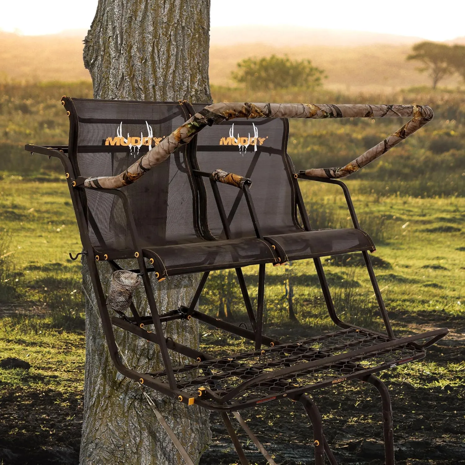 Muddy 2 Person Outdoor Hunting Climbing Ladder, Tree Stand with Flex-Tek Seat, 500 Pound Maximum Capacity