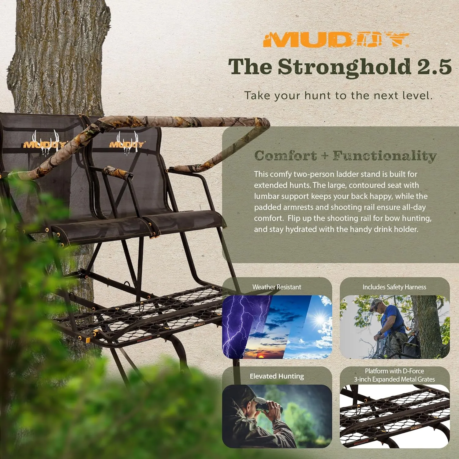 Muddy 2 Person Outdoor Hunting Climbing Ladder, Tree Stand with Flex-Tek Seat, 500 Pound Maximum Capacity