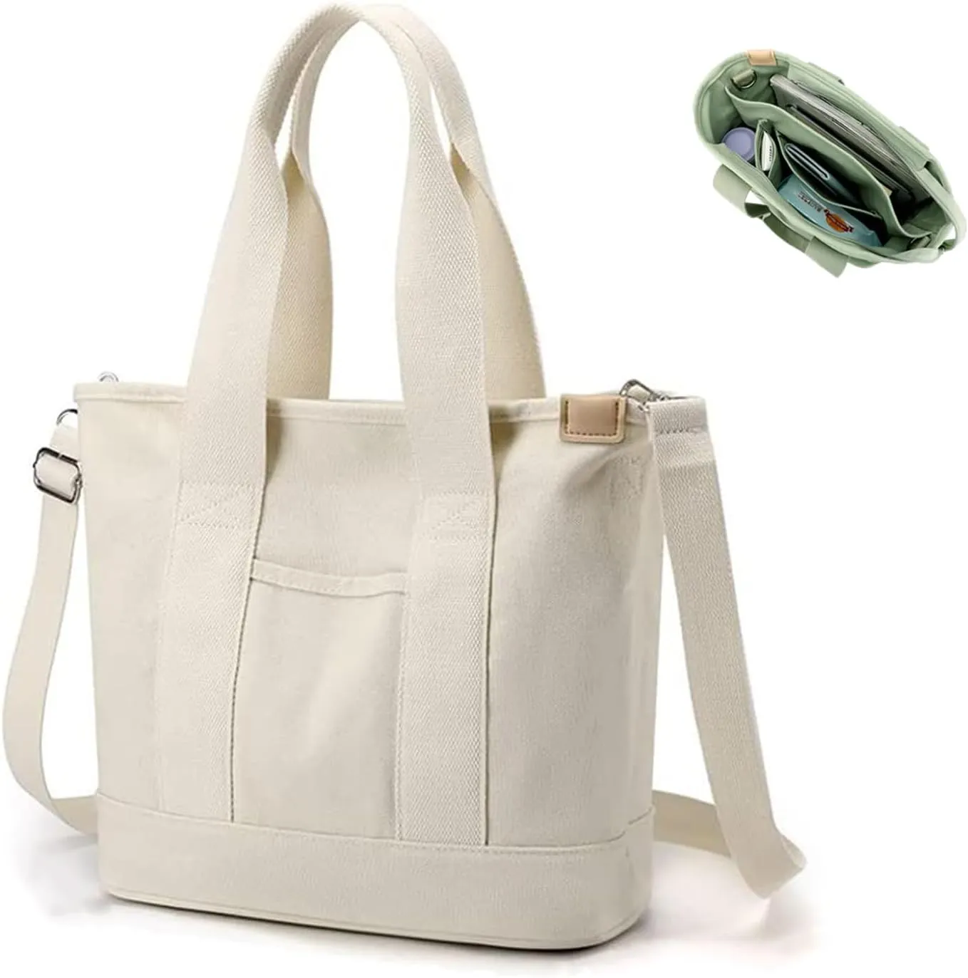 Multi Pocket Canvas Tote Bag with Zipper Shoulder Bag Handbag with Compartments Crossbody Bag Shoulder Bag
