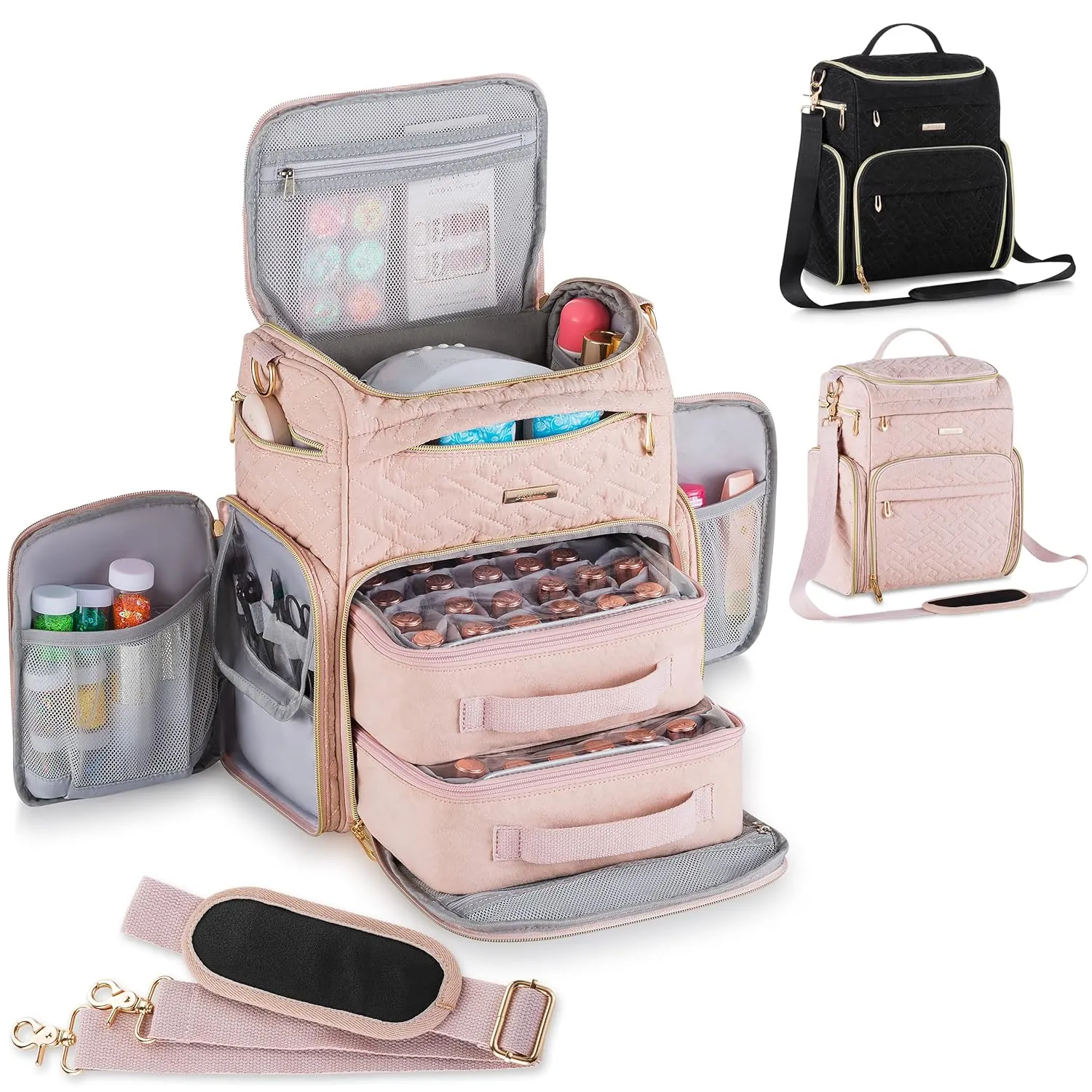 Multi-Pockets Nail Polish Organizer Case with UV Light Storage, Nail Organizers and Storage for Nail Tech with Protective Side Pocket, Gel nail bag organizer Hold 48 Bottle (Pink)