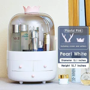 Multifunctional Makeup Organizer with Dustproof Jewelry and Cosmetic Storage Skin Care Products Rack Dressing Table Desktop Finishing Box with Drawer on Countertop (White)