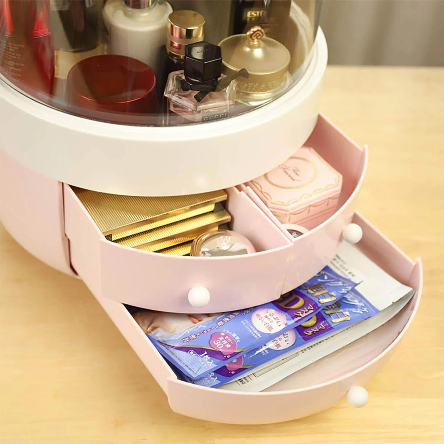 Multifunctional Makeup Organizer with Dustproof Jewelry and Cosmetic Storage Skin Care Products Rack Dressing Table Desktop Finishing Box with Drawer on Countertop (White)