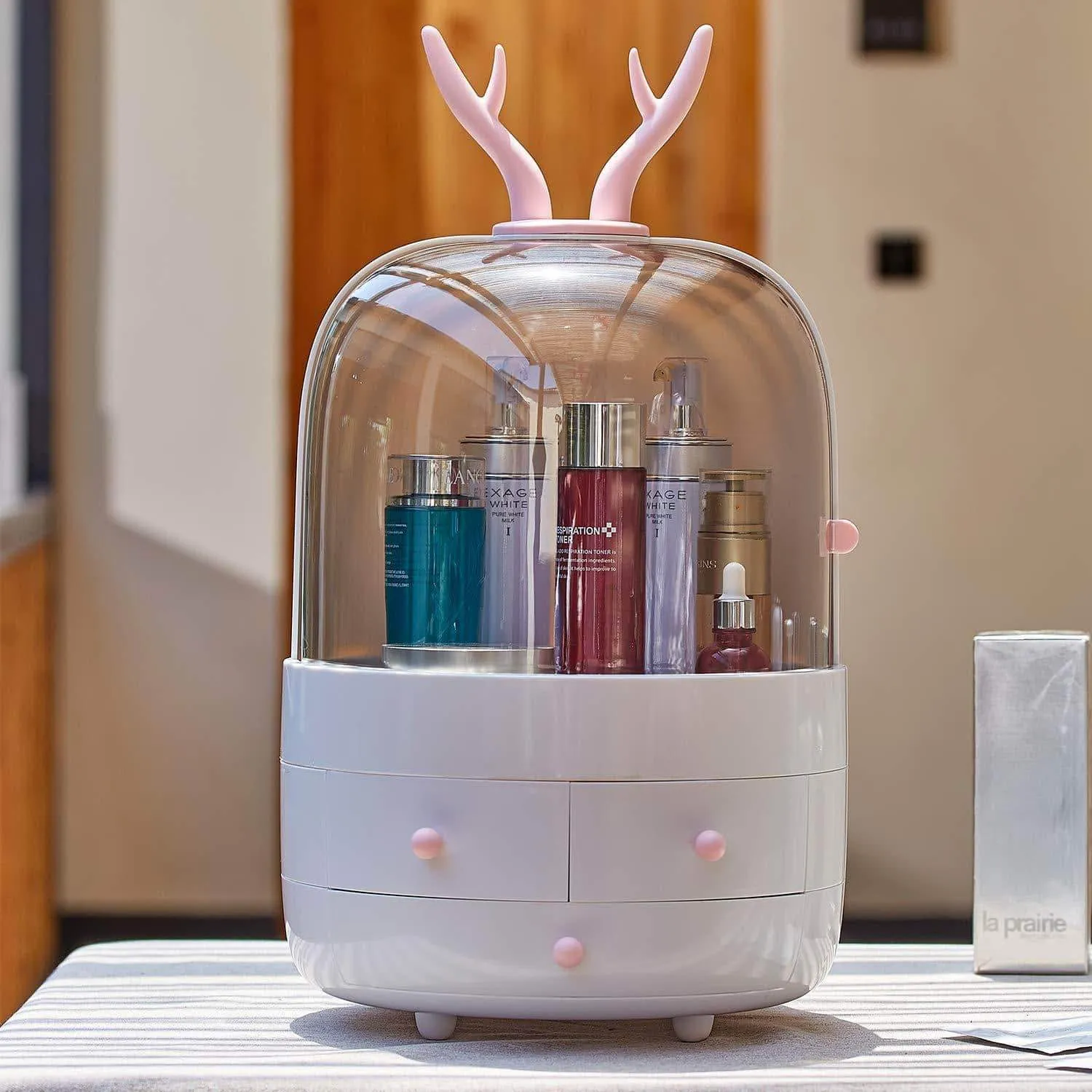 Multifunctional Makeup Organizer with Dustproof Jewelry and Cosmetic Storage Skin Care Products Rack Dressing Table Desktop Finishing Box with Drawer on Countertop (White)