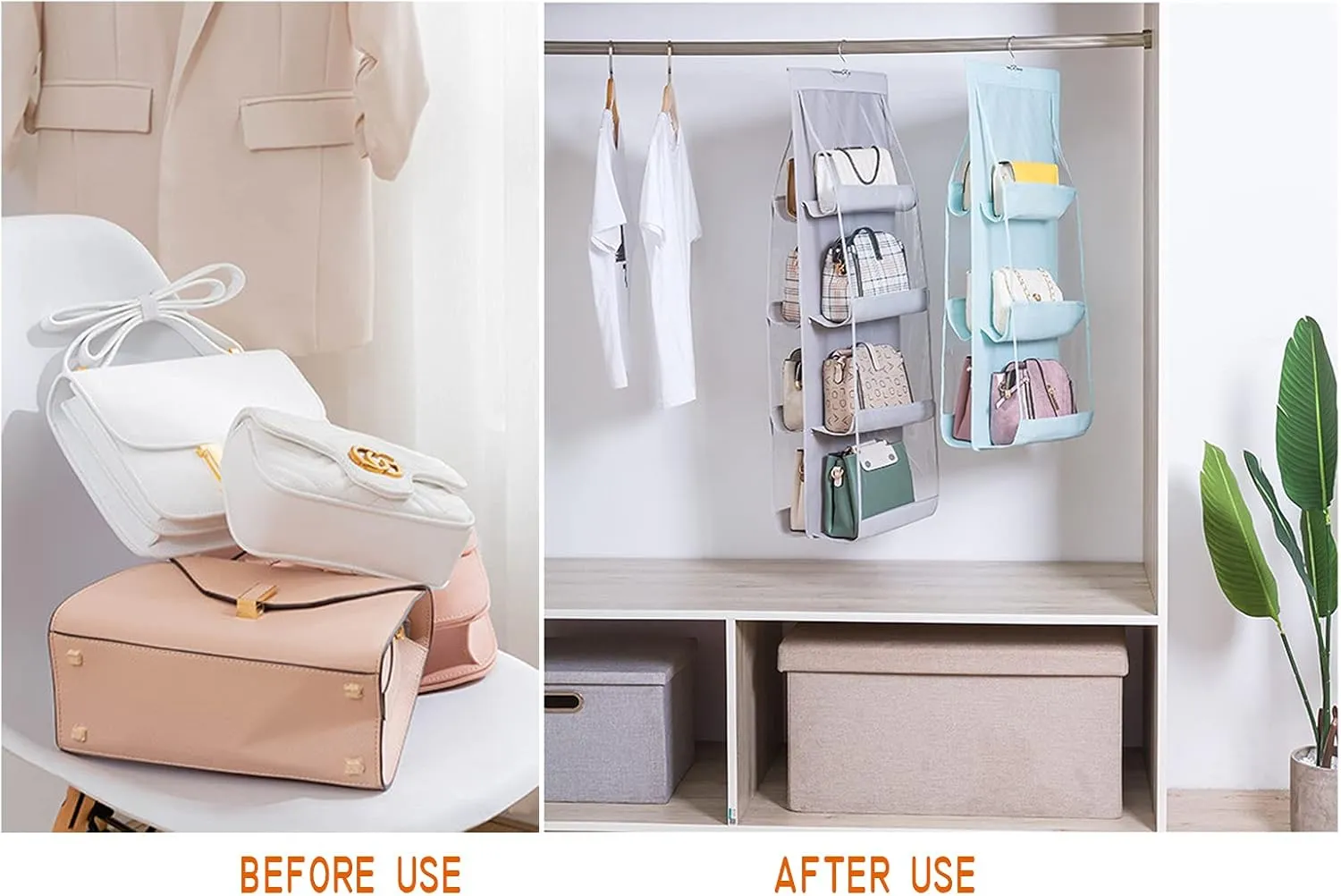 MURRI&MURRDI 2 Packs Hanging Handbag Organizer for Closet, Purse Storage Holder with 8 Easy Access Clear PVC Pockets, Purse Hanger for Wardrobe Space Saving Organizer (2 Gray)