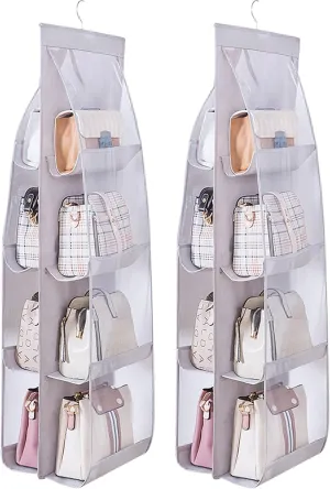 MURRI&MURRDI 2 Packs Hanging Handbag Organizer for Closet, Purse Storage Holder with 8 Easy Access Clear PVC Pockets, Purse Hanger for Wardrobe Space Saving Organizer (2 Gray)
