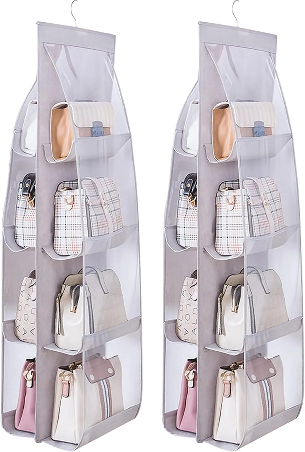 MURRI&MURRDI 2 Packs Hanging Handbag Organizer for Closet, Purse Storage Holder with 8 Easy Access Clear PVC Pockets, Purse Hanger for Wardrobe Space Saving Organizer (2 Gray)