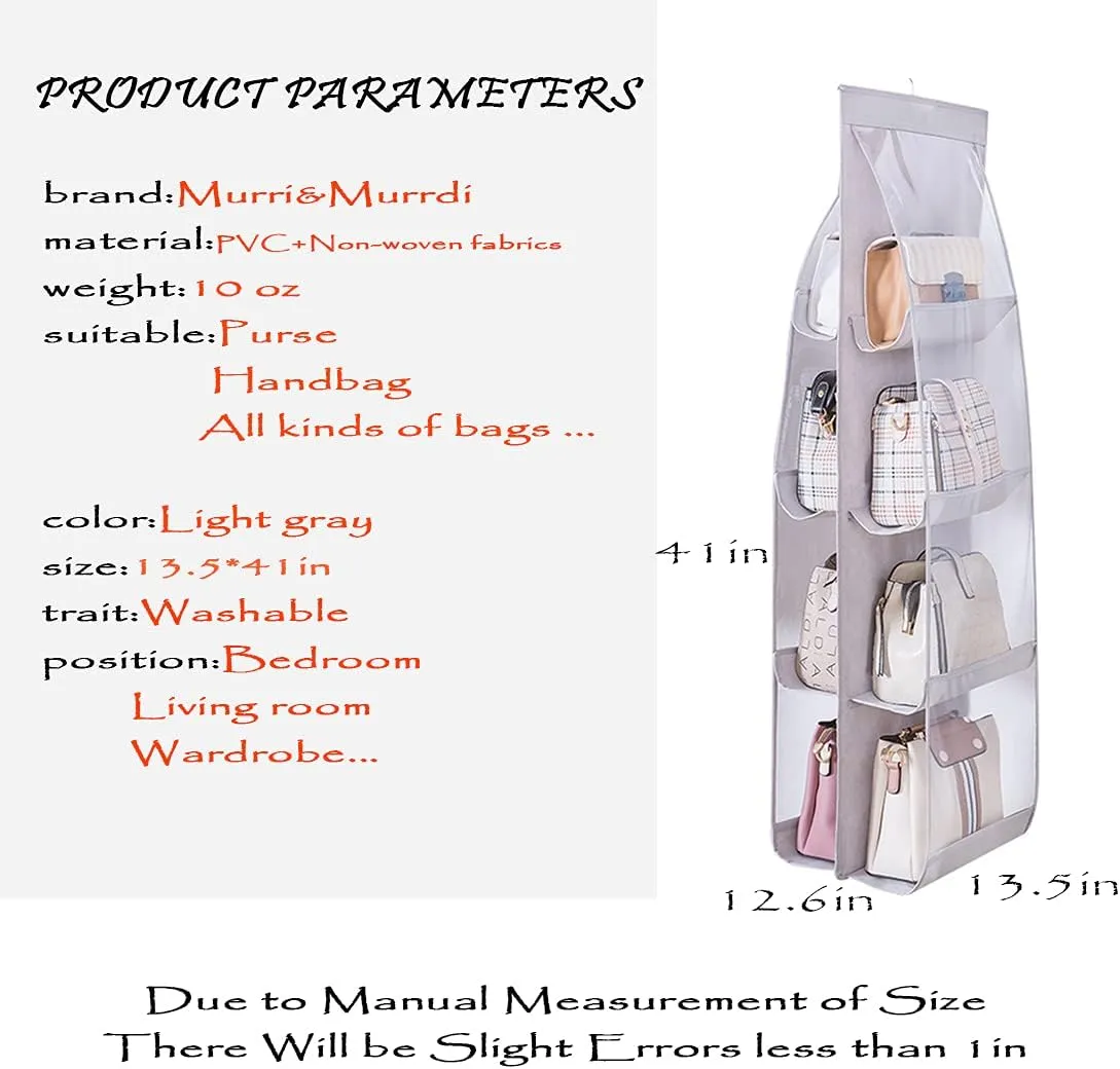 MURRI&MURRDI 2 Packs Hanging Handbag Organizer for Closet, Purse Storage Holder with 8 Easy Access Clear PVC Pockets, Purse Hanger for Wardrobe Space Saving Organizer (2 Gray)
