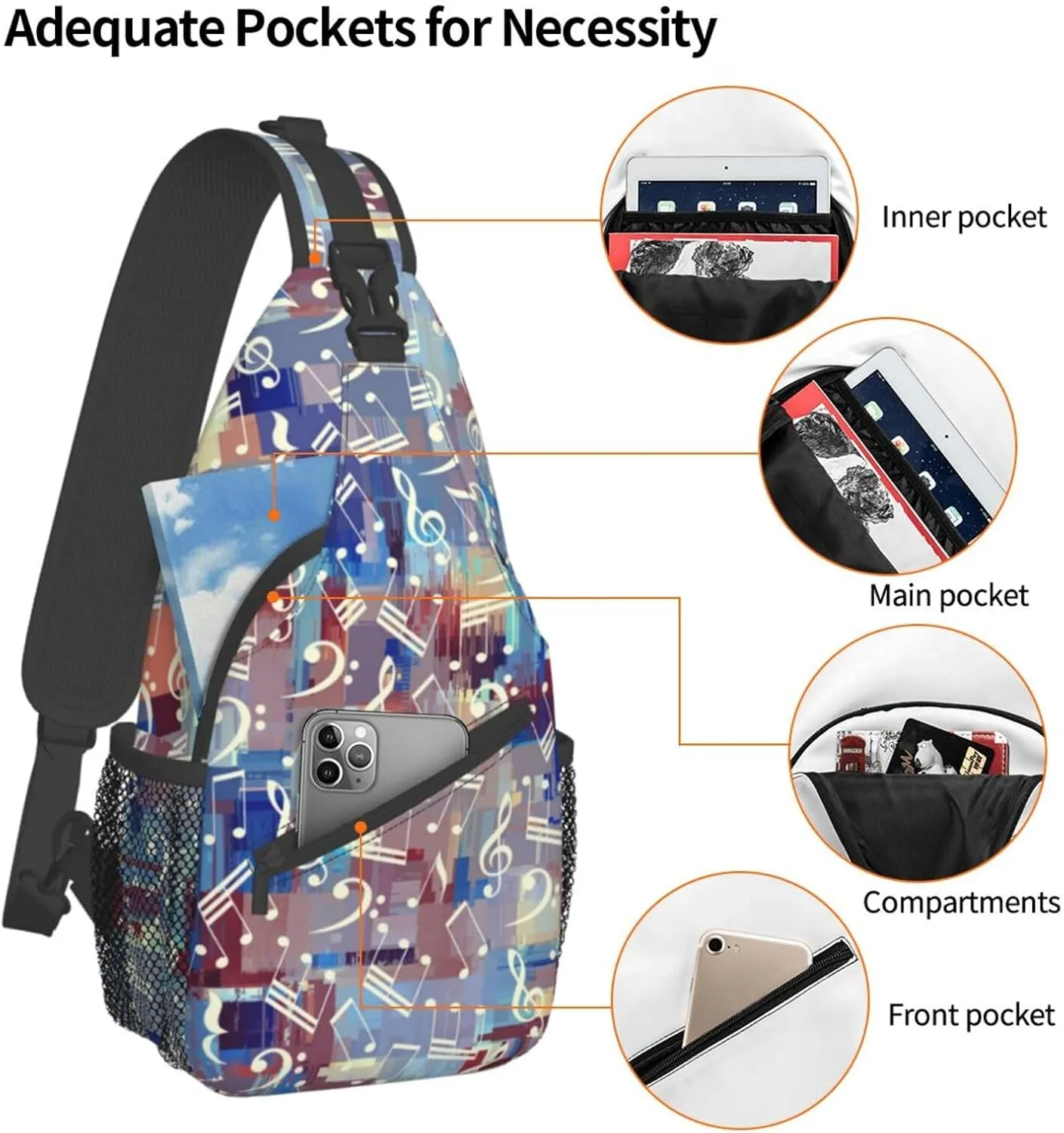 Music Notes Crossbody Bag Music Shoulder Bag Backpack Notes Sling Bag Chest Casual Daypack for Outdoor
