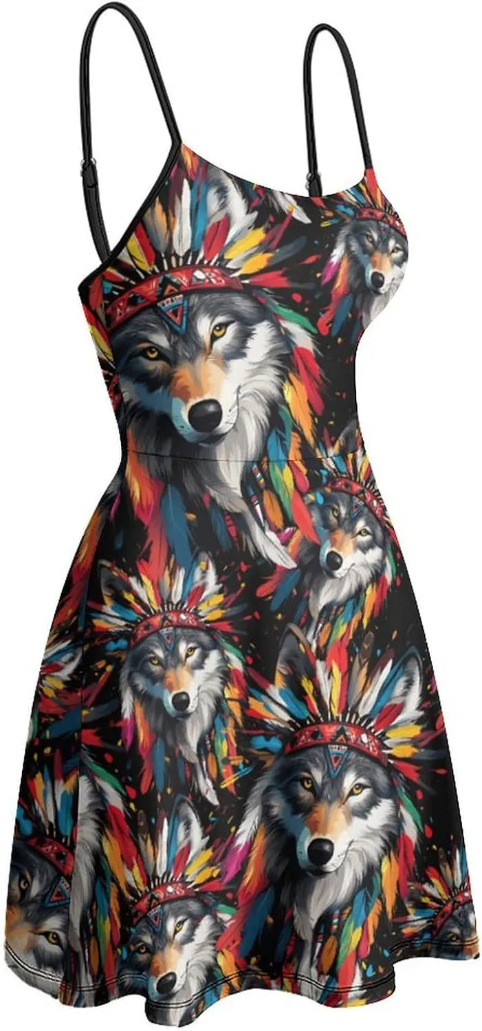 Native Indian Wolf Colorful Cami Dress for Women Sleeveless Backless Short Flowy Sundress Summer Casual Sling Dresses