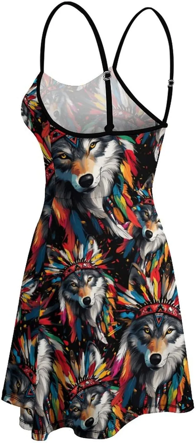 Native Indian Wolf Colorful Cami Dress for Women Sleeveless Backless Short Flowy Sundress Summer Casual Sling Dresses