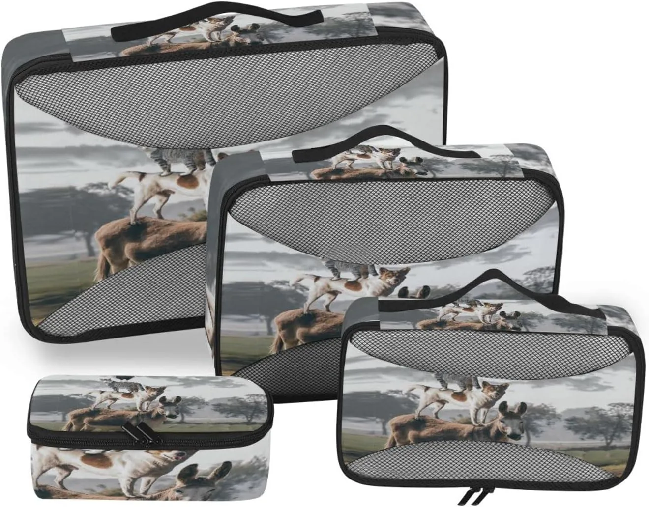 Natural Countryside View Dog Cat Rooster Donkey Farm Animal 4 PCs Set Packing Bags, Luggage Organizer Bag, Portable Cube Toiletry bag, Durable Travel Cosmetic Storage Bag for Men Women
