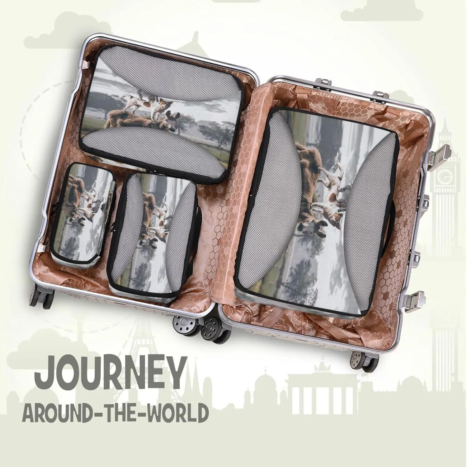 Natural Countryside View Dog Cat Rooster Donkey Farm Animal 4 PCs Set Packing Bags, Luggage Organizer Bag, Portable Cube Toiletry bag, Durable Travel Cosmetic Storage Bag for Men Women