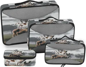 Natural Countryside View Dog Cat Rooster Donkey Farm Animal 4 PCs Set Packing Bags, Luggage Organizer Bag, Portable Cube Toiletry bag, Durable Travel Cosmetic Storage Bag for Men Women