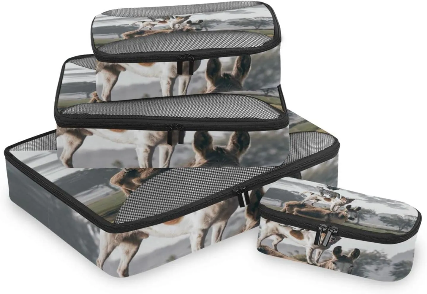 Natural Countryside View Dog Cat Rooster Donkey Farm Animal 4 PCs Set Packing Bags, Luggage Organizer Bag, Portable Cube Toiletry bag, Durable Travel Cosmetic Storage Bag for Men Women