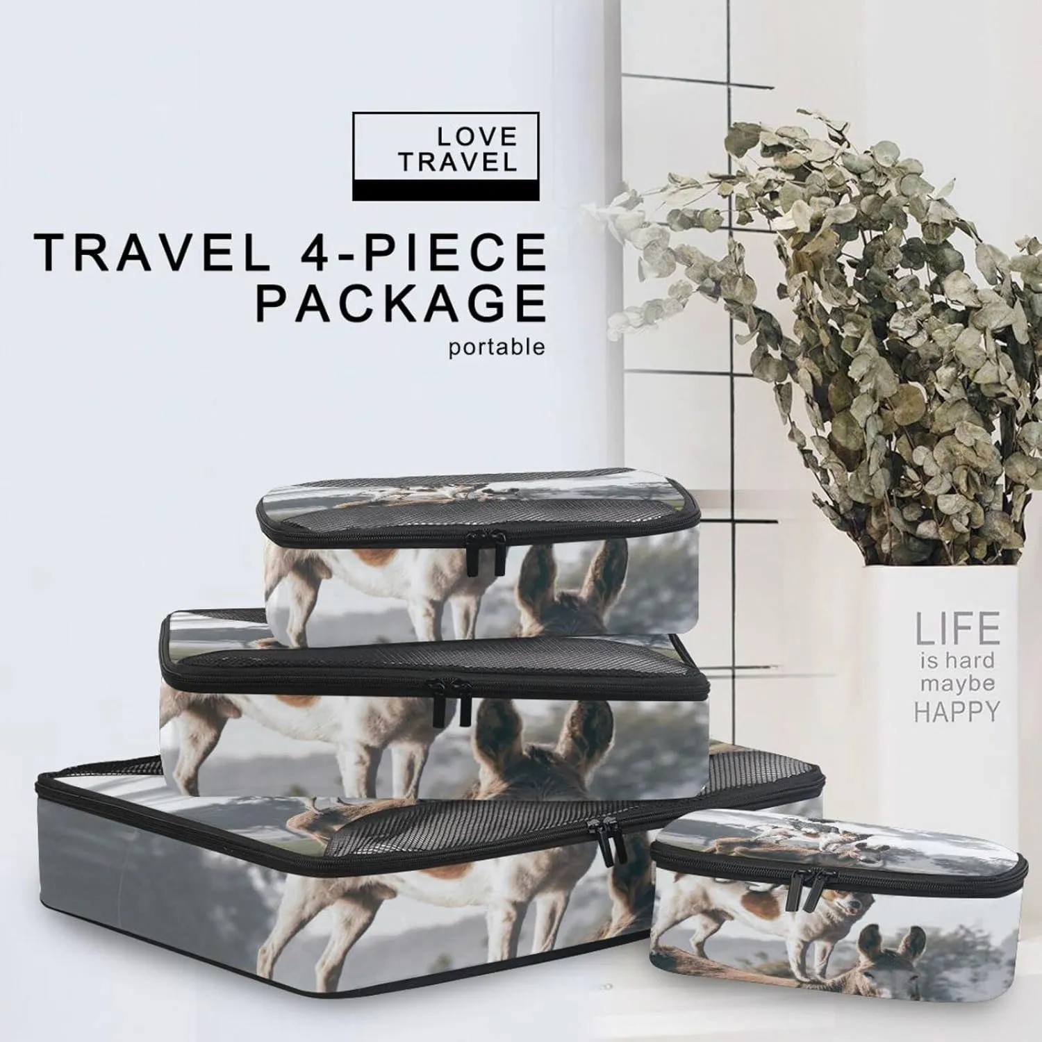 Natural Countryside View Dog Cat Rooster Donkey Farm Animal 4 PCs Set Packing Bags, Luggage Organizer Bag, Portable Cube Toiletry bag, Durable Travel Cosmetic Storage Bag for Men Women