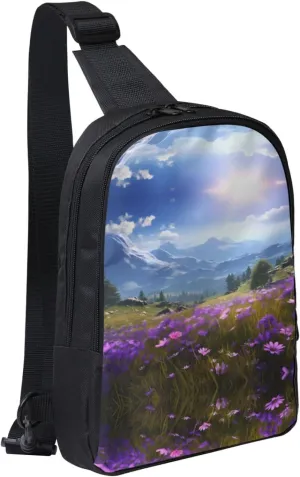 Nature Purple Flowers Meadow Mountain Scenic Adjustable Strap Lightweight Chest Bag Dual Pocket Sling Bag Waterproof Sling Backpack Lightweight Crossbody Sling
