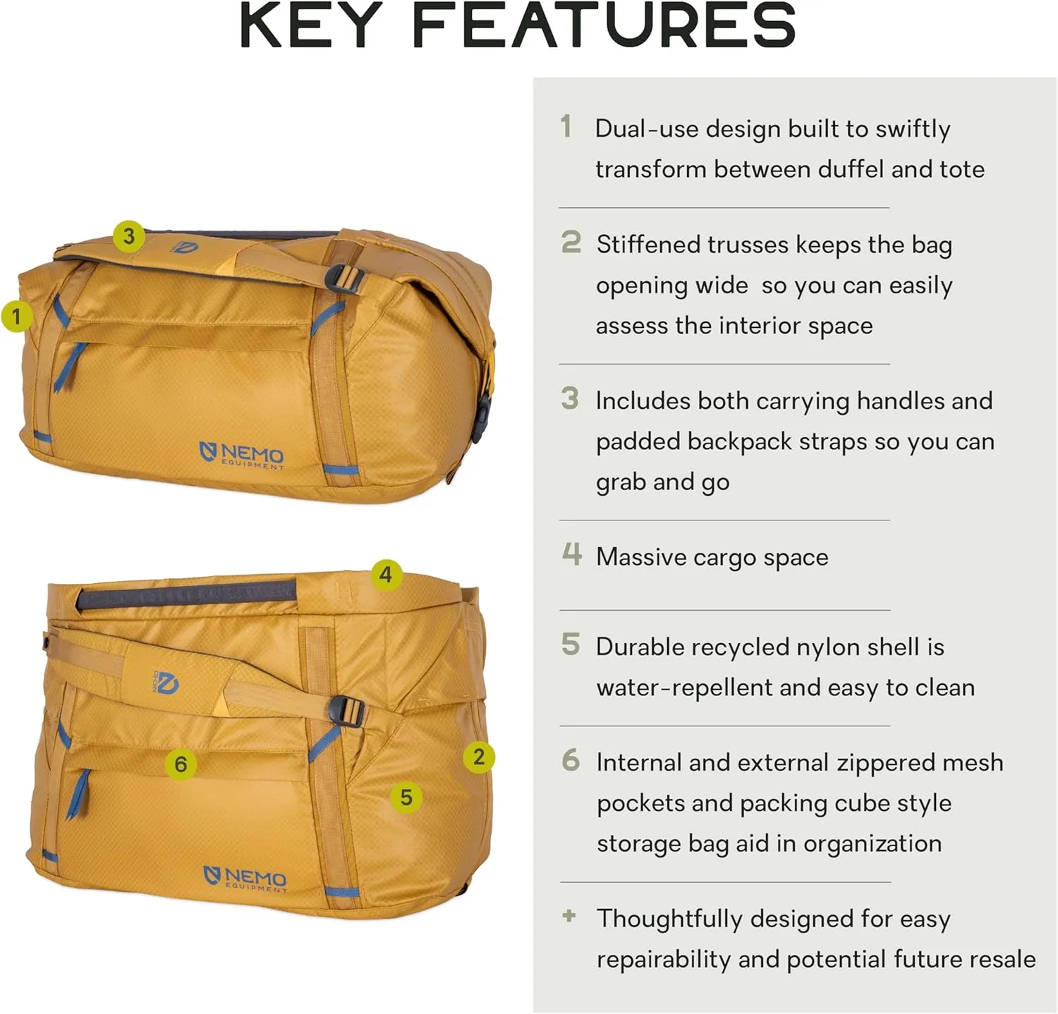 NEMO Equipment Double Haul Convertible Duffel & Tote Bag – Water-Resistant Gear Bag with Backpack Straps - 55L - Chai