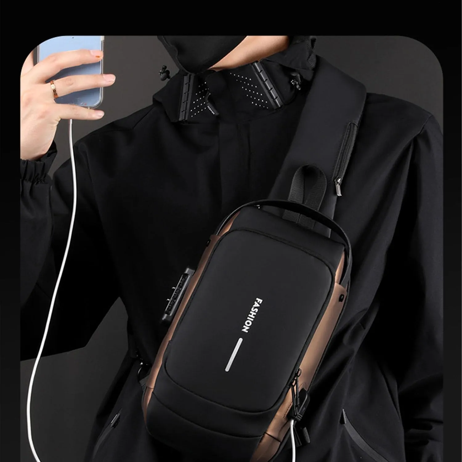 New Carbon Fiber Streamline Anti-Theft Sling Bag, USB Charging Waterproof Shoulder Backpack, for Daily Trips, Commutes, Sport (Black Brown-B)