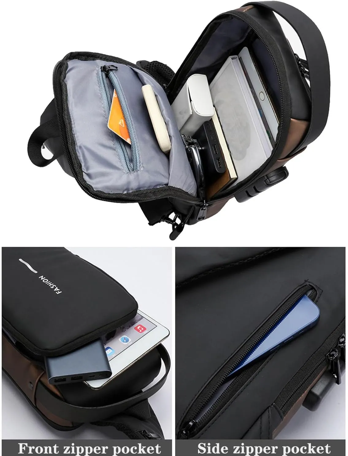 New Carbon Fiber Streamline Anti-Theft Sling Bag, USB Charging Waterproof Shoulder Backpack, for Daily Trips, Commutes, Sport (Black Brown-B)