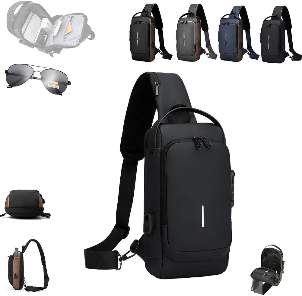 New Carbon Fiber Streamline Anti-Theft Sling Bag, Waterproof USB Charging Anti Theft Shoulder Sport Backpack for Travel, Work (Black)