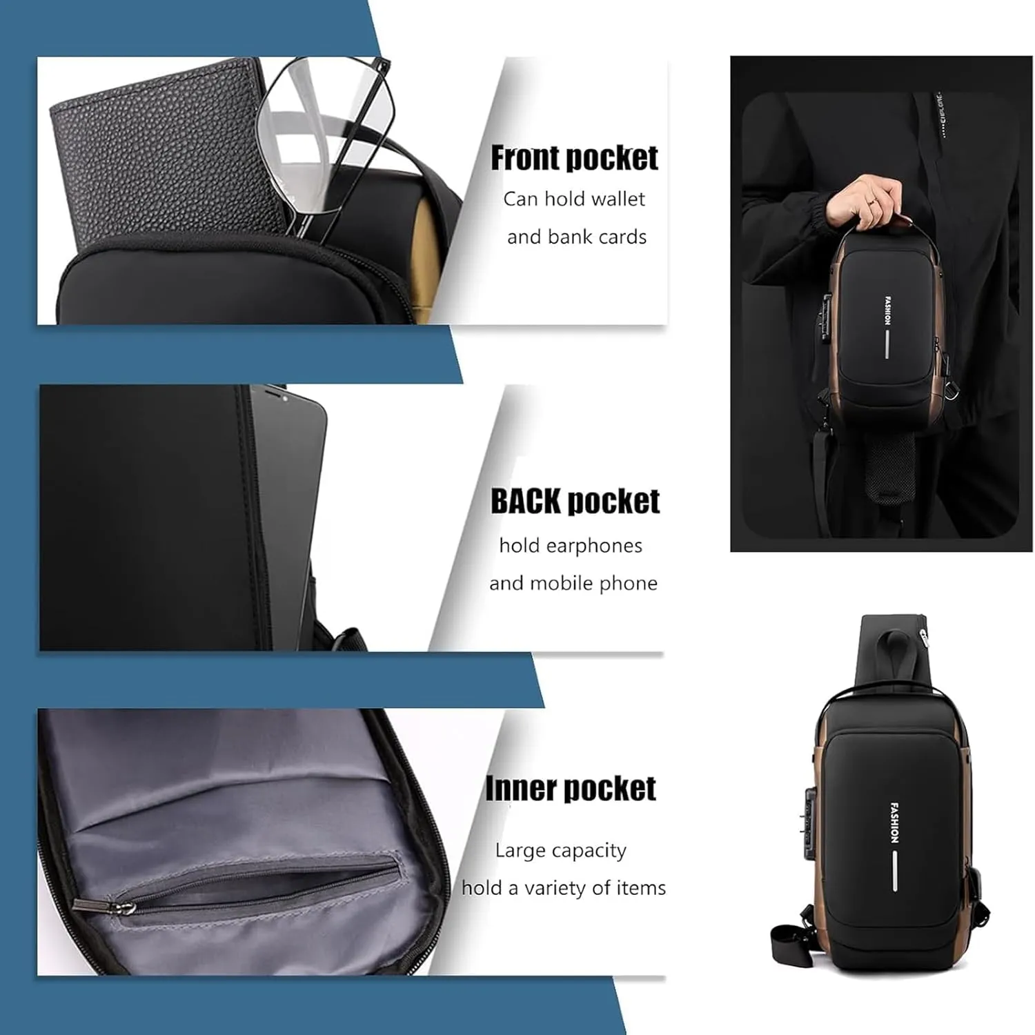 New Carbon Fiber Streamline Anti-Theft Sling Bag, Waterproof USB Charging Anti Theft Shoulder Sport Backpack for Travel, Work (Black)