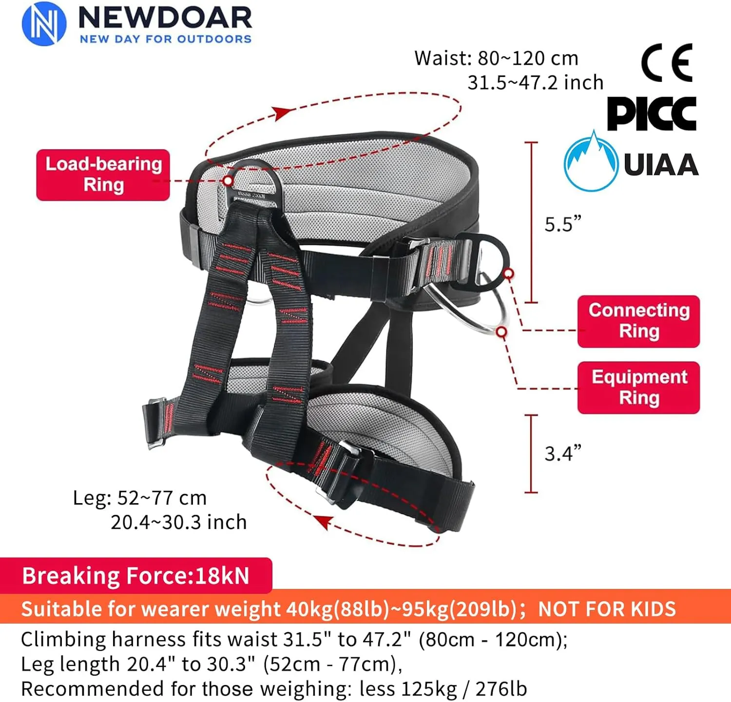 NewDoar Climbing Harness, Mountaineering Rock Climbing Harness, Half Body Harness for Rappelling Fire Rescuing Tree Climbing