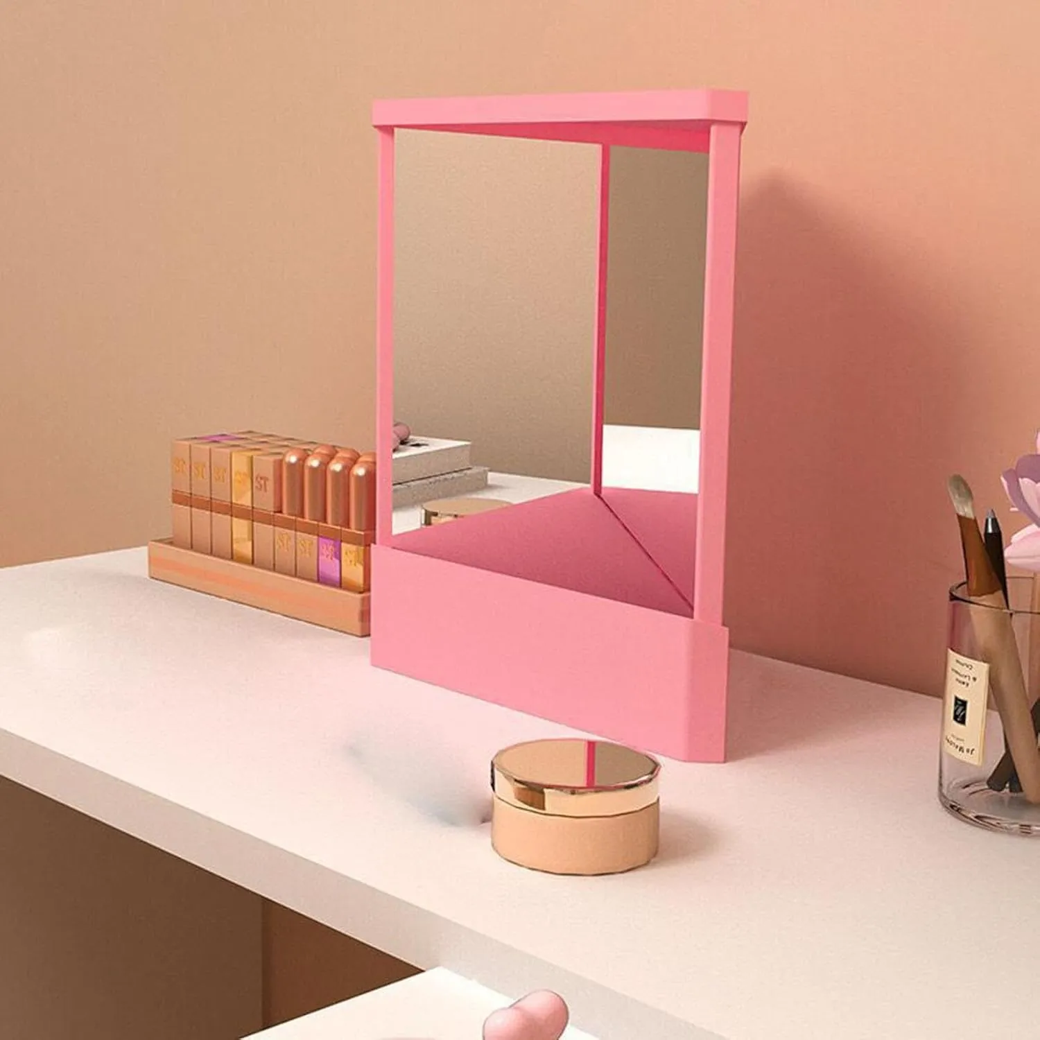 Non Reversing Mirror, Inverted Mirror, Triangular Fixed Table Mirro for True Image, Standing Cosmetic Stand Mirror for Makeup, Hair Styling, Grooming, Facial Correction (A)