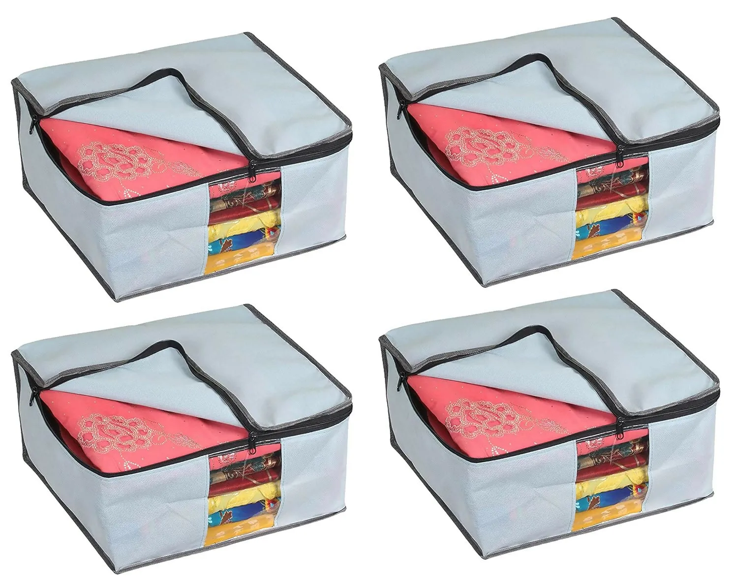 Non-Woven Saree & Clothes Storage Organizer with Transparent Window (4-Piece ,Large, Grey)