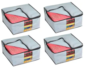 Non-Woven Saree & Clothes Storage Organizer with Transparent Window (4-Piece ,Large, Grey)