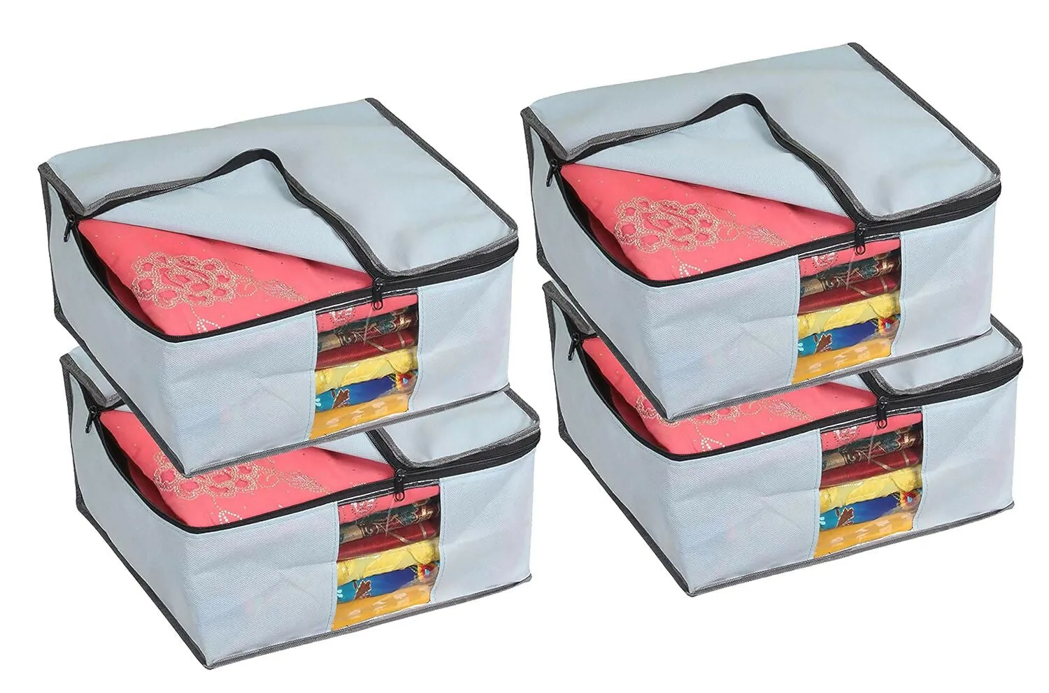 Non-Woven Saree & Clothes Storage Organizer with Transparent Window (4-Piece ,Large, Grey)