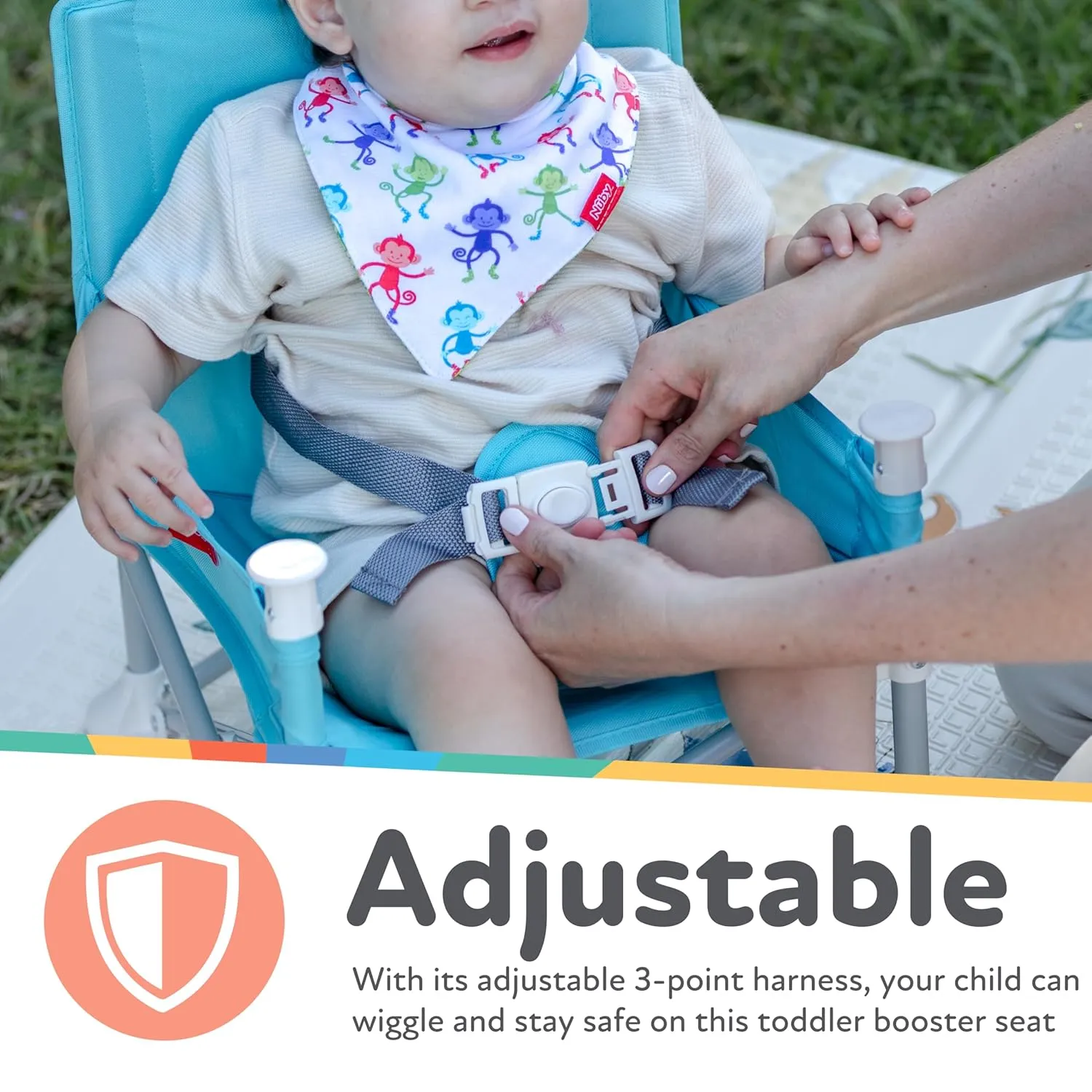 Nuby Easy Go Pop-Up Booster Seat with Removable Tray - 6  Months - Portable Booster Seat for Floor for Indoor/Outdoor Use - 3-Point Safety Adjustable Straps - Includes Travel Bag - Fun Faces