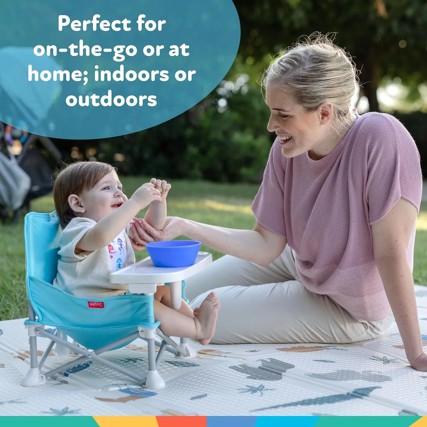 Nuby Easy Go Pop-Up Booster Seat with Removable Tray - 6  Months - Portable Booster Seat for Floor for Indoor/Outdoor Use - 3-Point Safety Adjustable Straps - Includes Travel Bag - Fun Faces