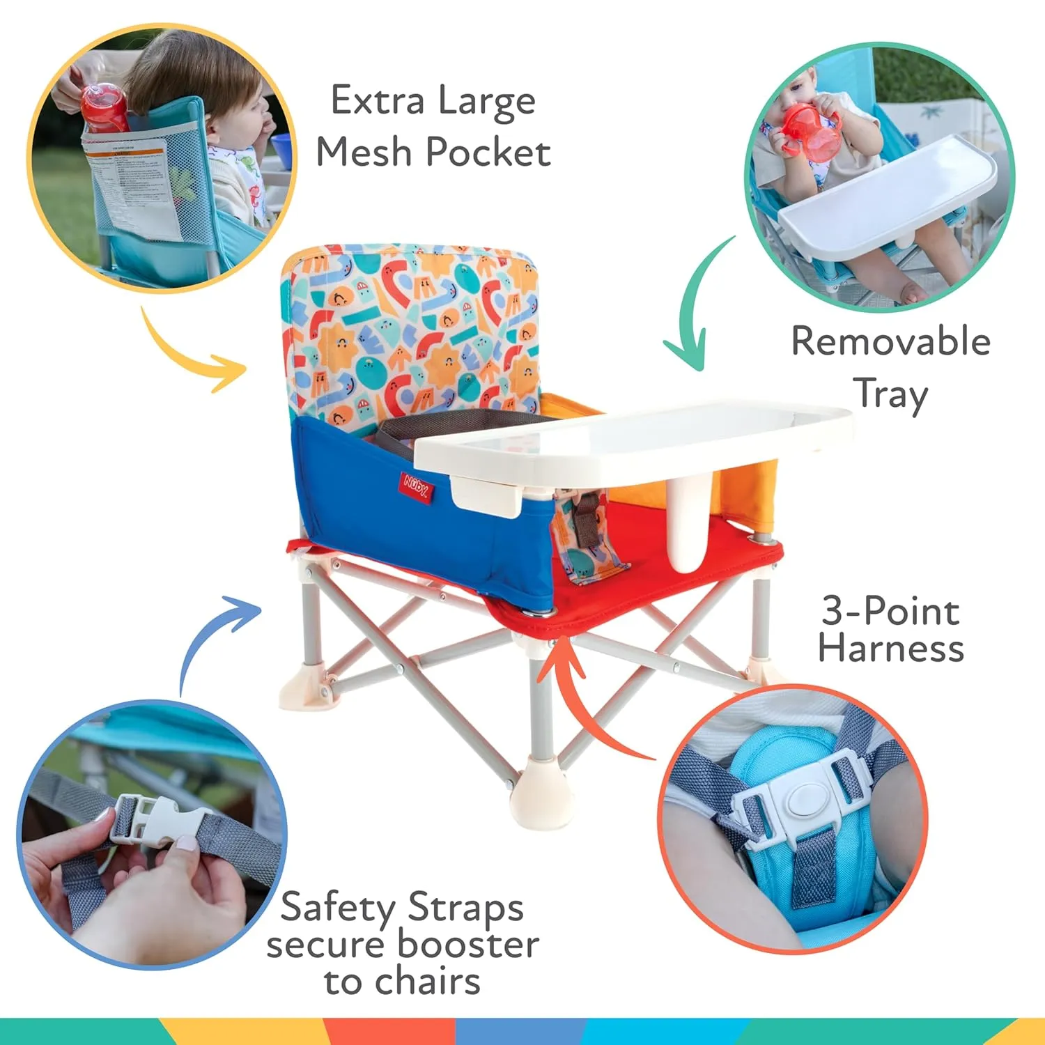 Nuby Easy Go Pop-Up Booster Seat with Removable Tray - 6  Months - Portable Booster Seat for Floor for Indoor/Outdoor Use - 3-Point Safety Adjustable Straps - Includes Travel Bag - Fun Faces